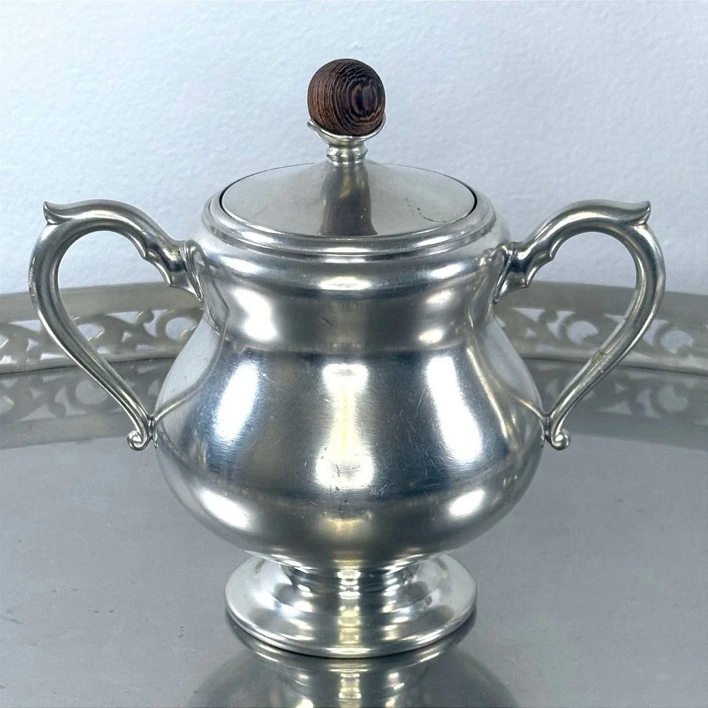 Vintage Royal Holland Pewter Coffee Set with Wood Accents and Gallery Tray